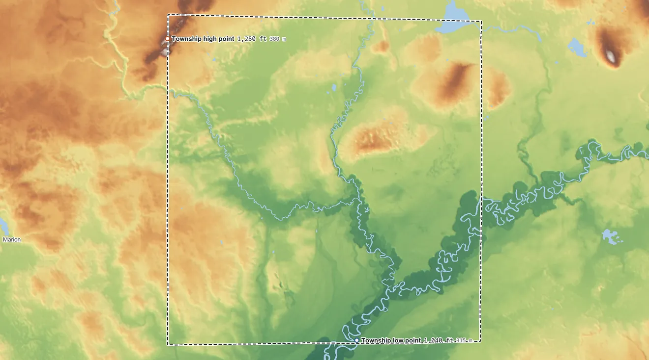 Topographic elevation map of Winterfield Township, Michigan, shaded from 1,040 ft on the south side to 1,250 ft on the northwest side