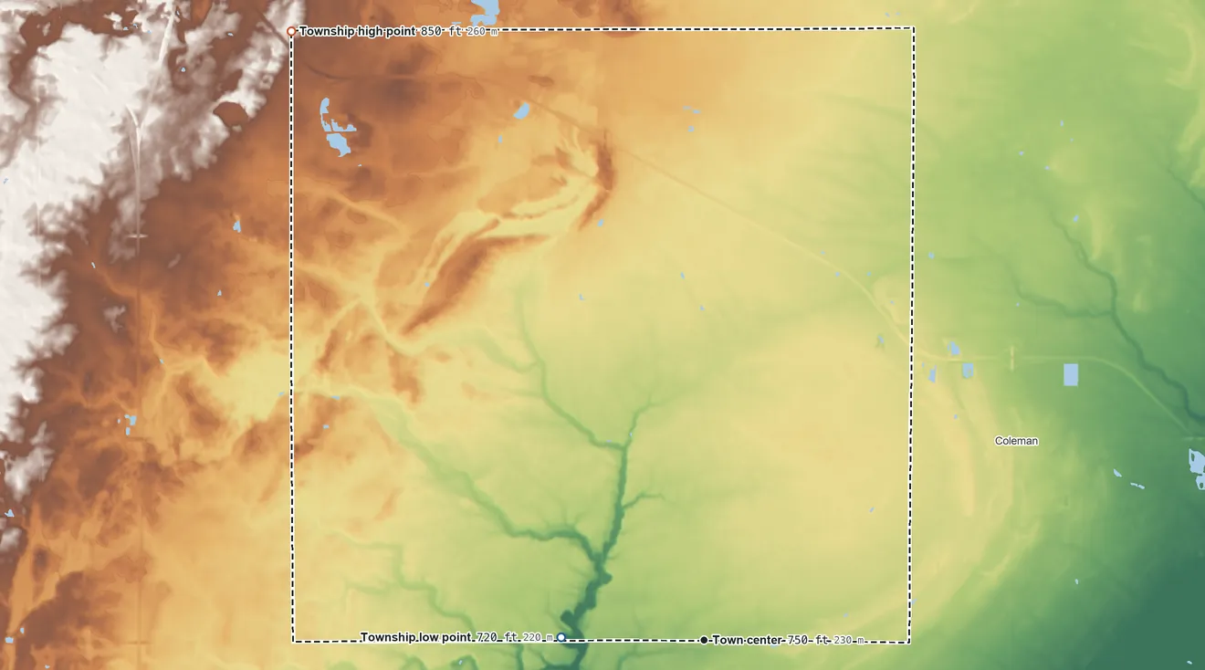Topographic elevation map of Wise Township, Michigan, shaded from 720 ft on the west side to 850 ft on the northwest side