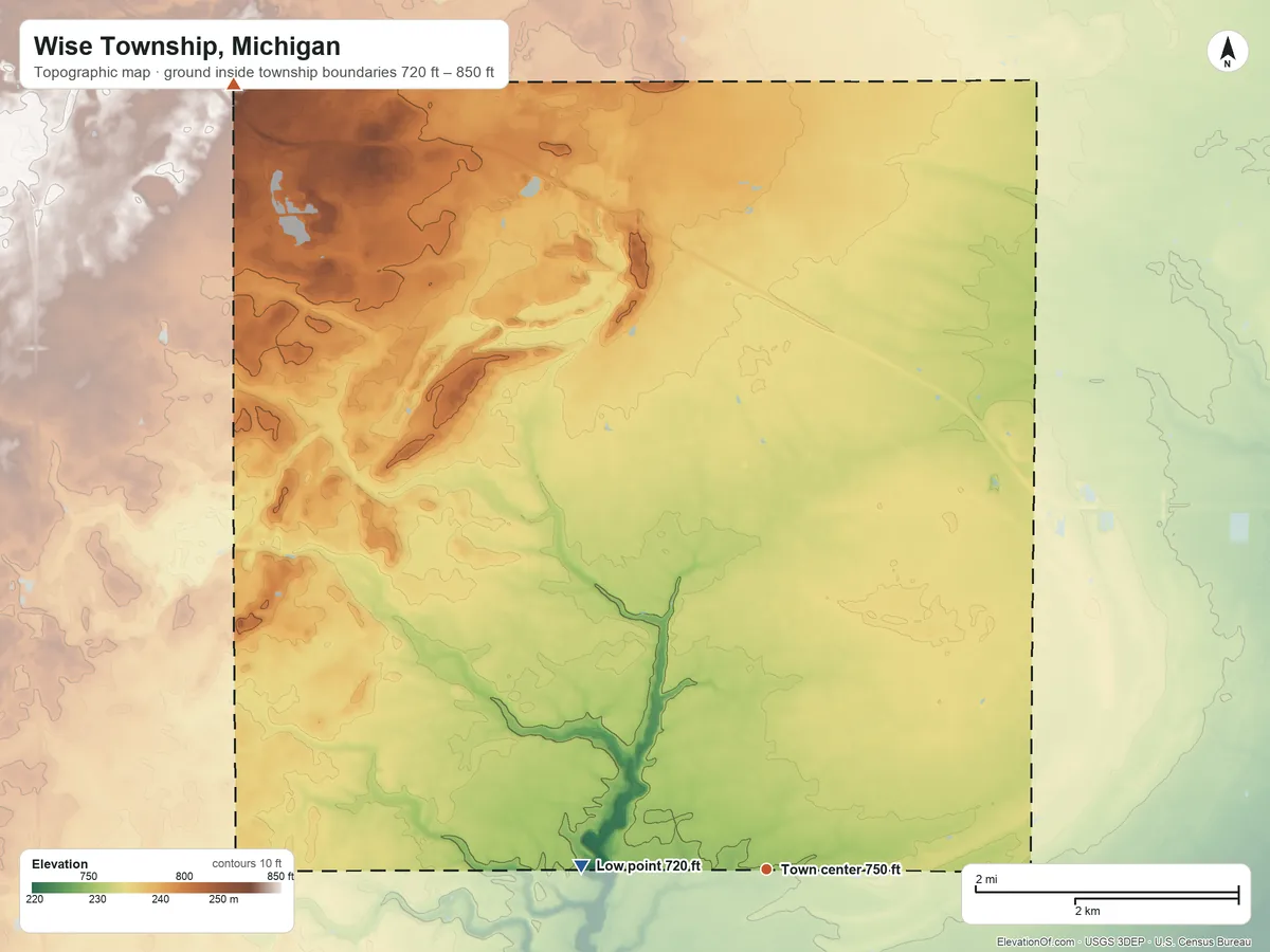 Topographic elevation map of Wise Township, Michigan, shaded from 720 ft on the west side to 850 ft on the northwest side