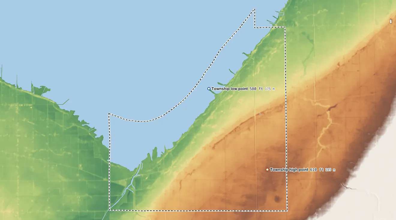 Topographic elevation map of Wisner Township, Michigan, shaded from 580 ft on the north side to 610 ft on the southeast side
