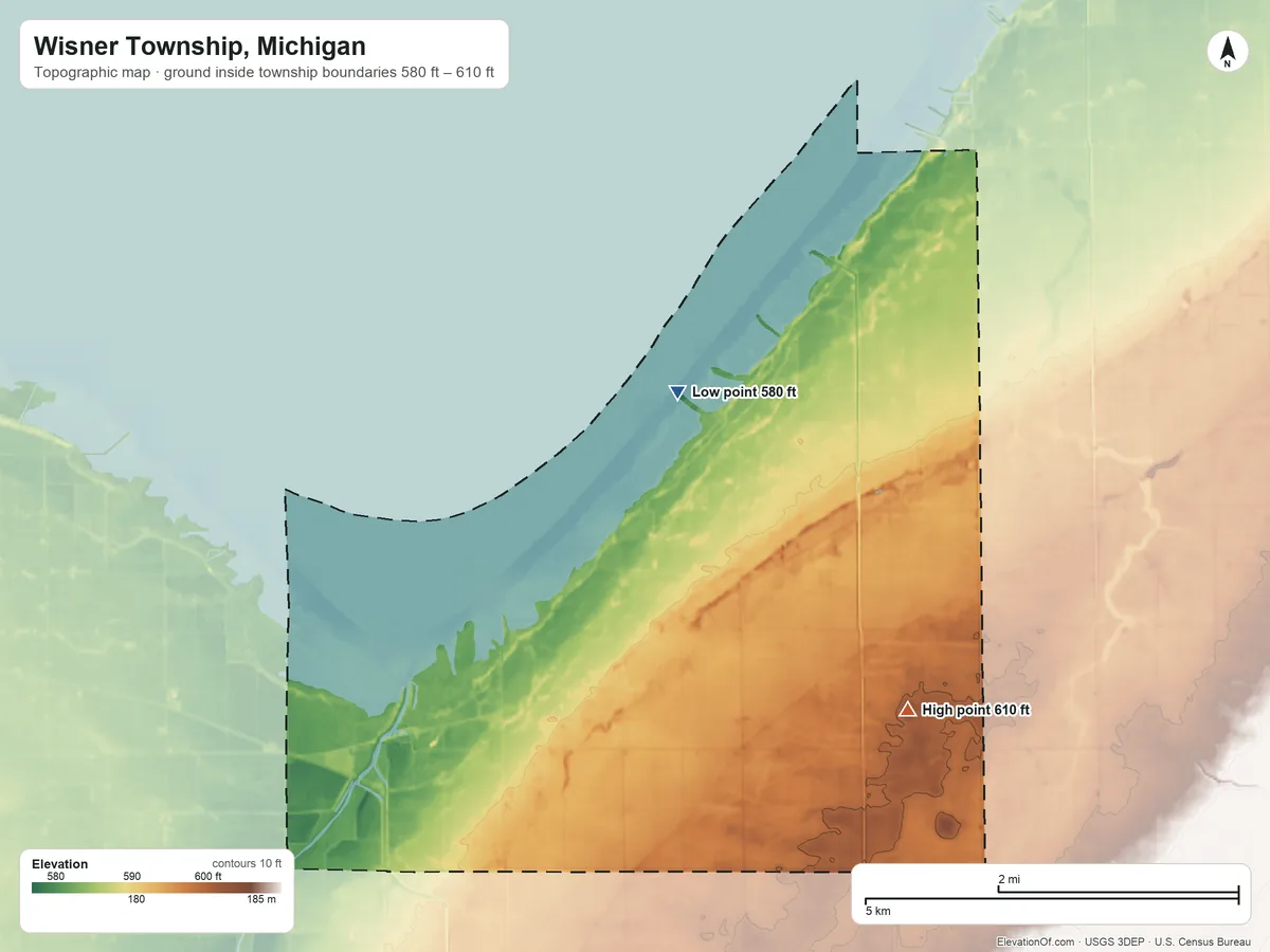 Topographic elevation map of Wisner Township, Michigan, shaded from 580 ft on the north side to 610 ft on the southeast side