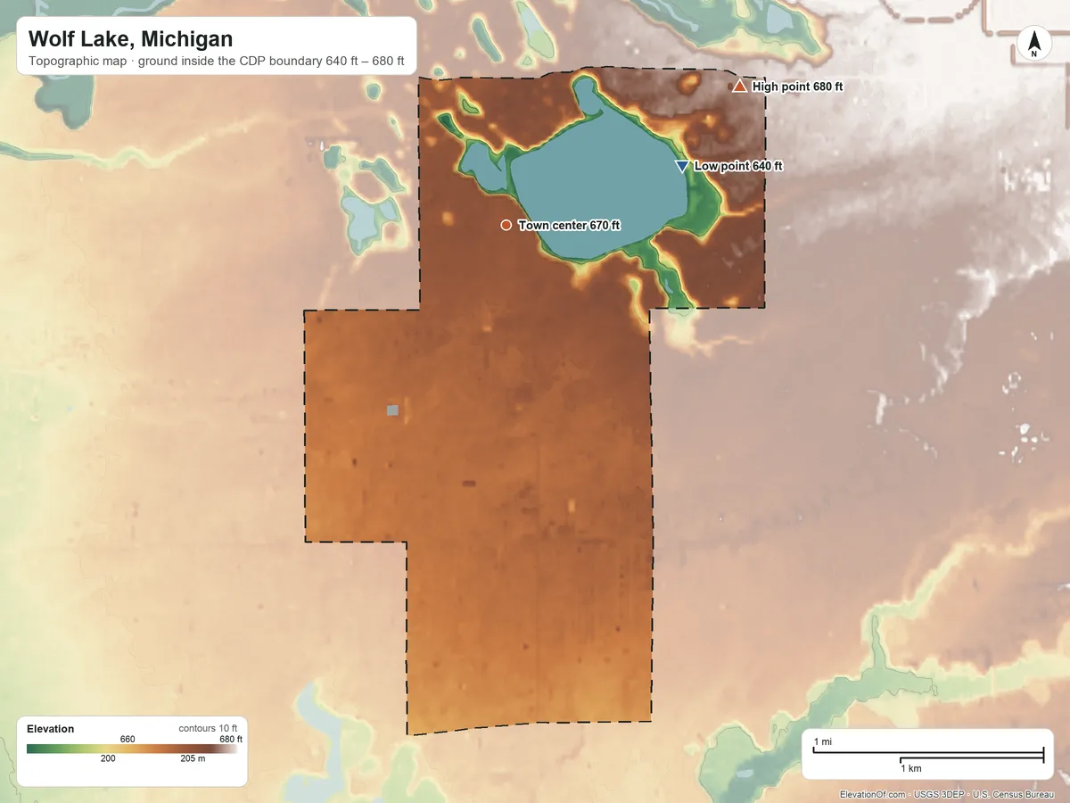 Topographic elevation map of Wolf Lake, Michigan, shaded from 640 ft on the east side to 680 ft on the northeast side