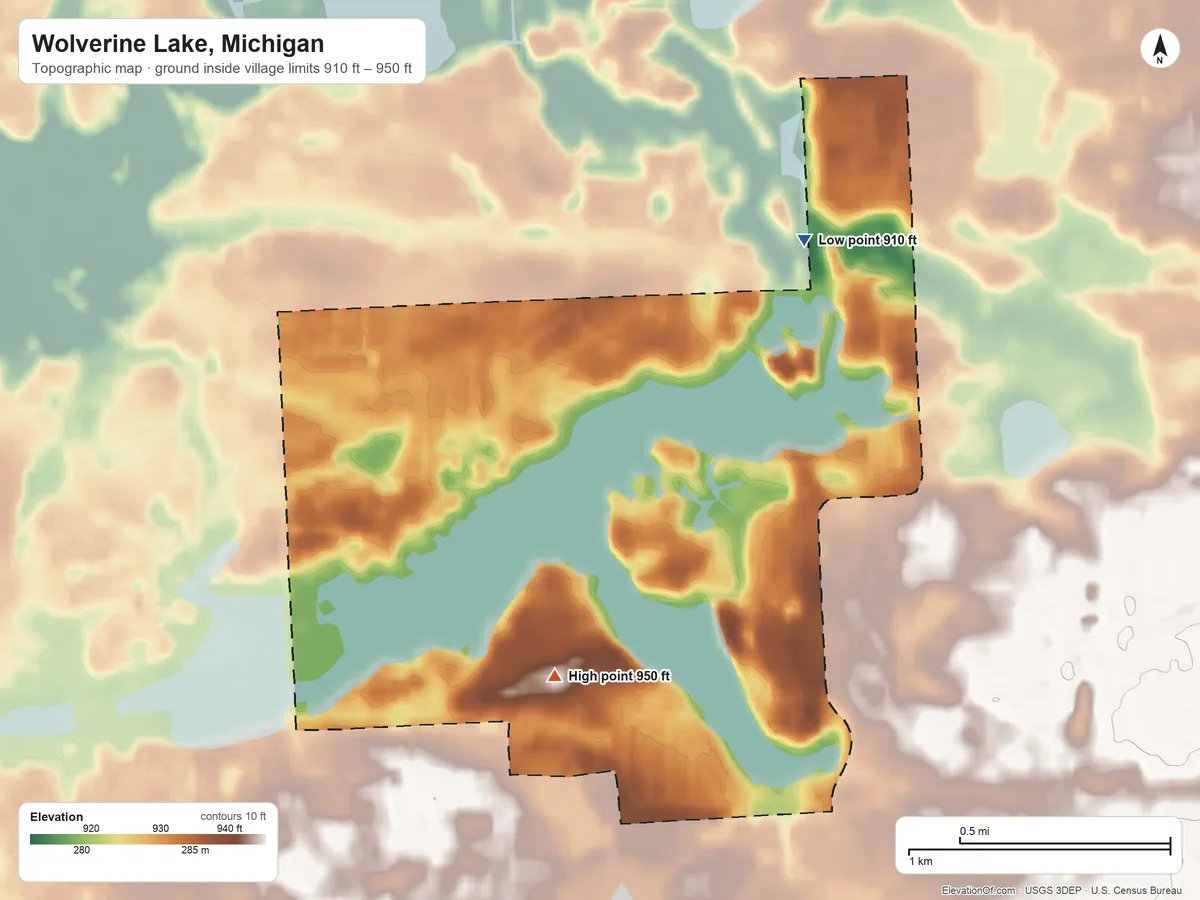 Topographic elevation map of Wolverine Lake, Michigan, shaded from 910 ft on the northeast side to 950 ft on the southwest side