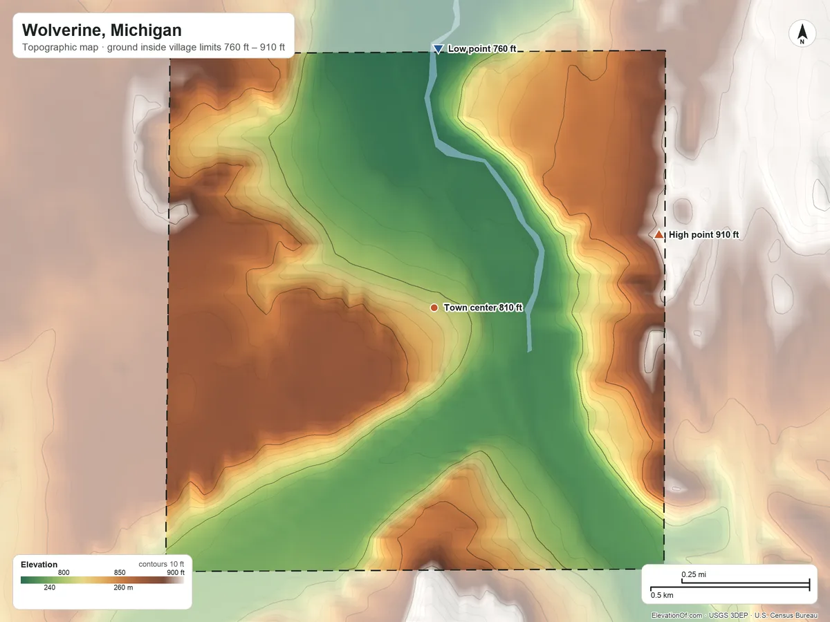 Topographic elevation map of Wolverine, Michigan, shaded from 760 ft on the north side to 910 ft on the east side