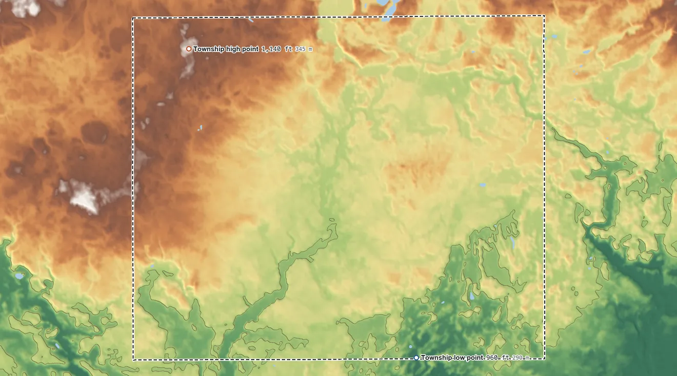 Topographic elevation map of Woodbridge Township, Michigan, shaded from 960 ft on the southeast side to 1,140 ft on the northwest side
