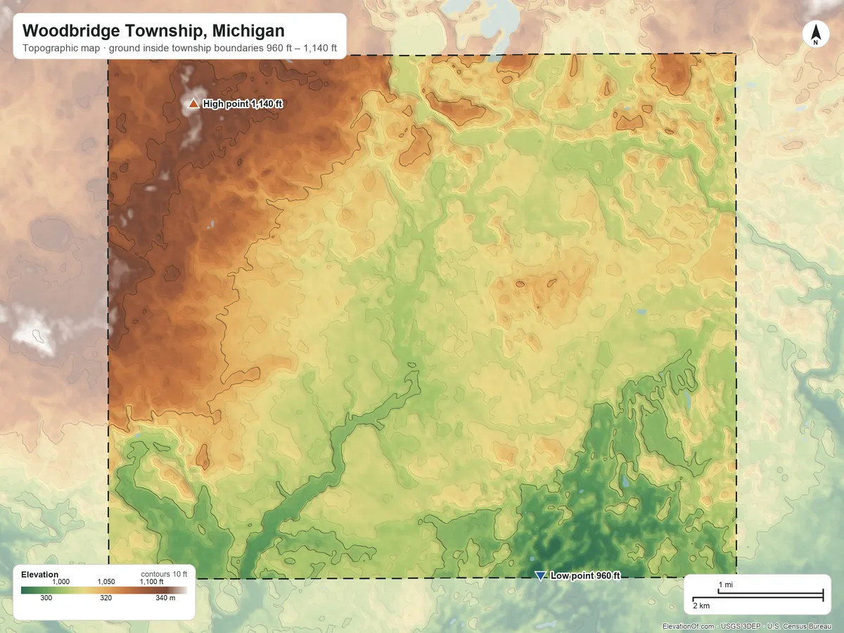 Topographic elevation map of Woodbridge Township, Michigan, shaded from 960 ft on the southeast side to 1,140 ft on the northwest side