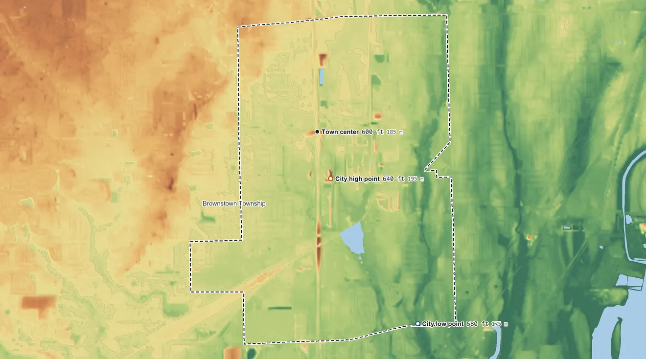 Topographic elevation map of Woodhaven, Michigan, shaded from 580 ft on the southeast side to 640 ft on the south side