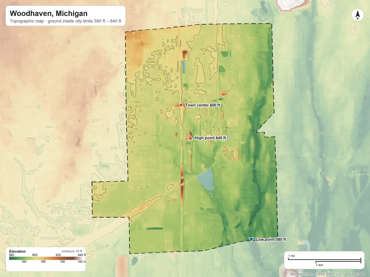 Topographic elevation map of Woodhaven, Michigan, shaded from 580 ft on the southeast side to 640 ft on the south side