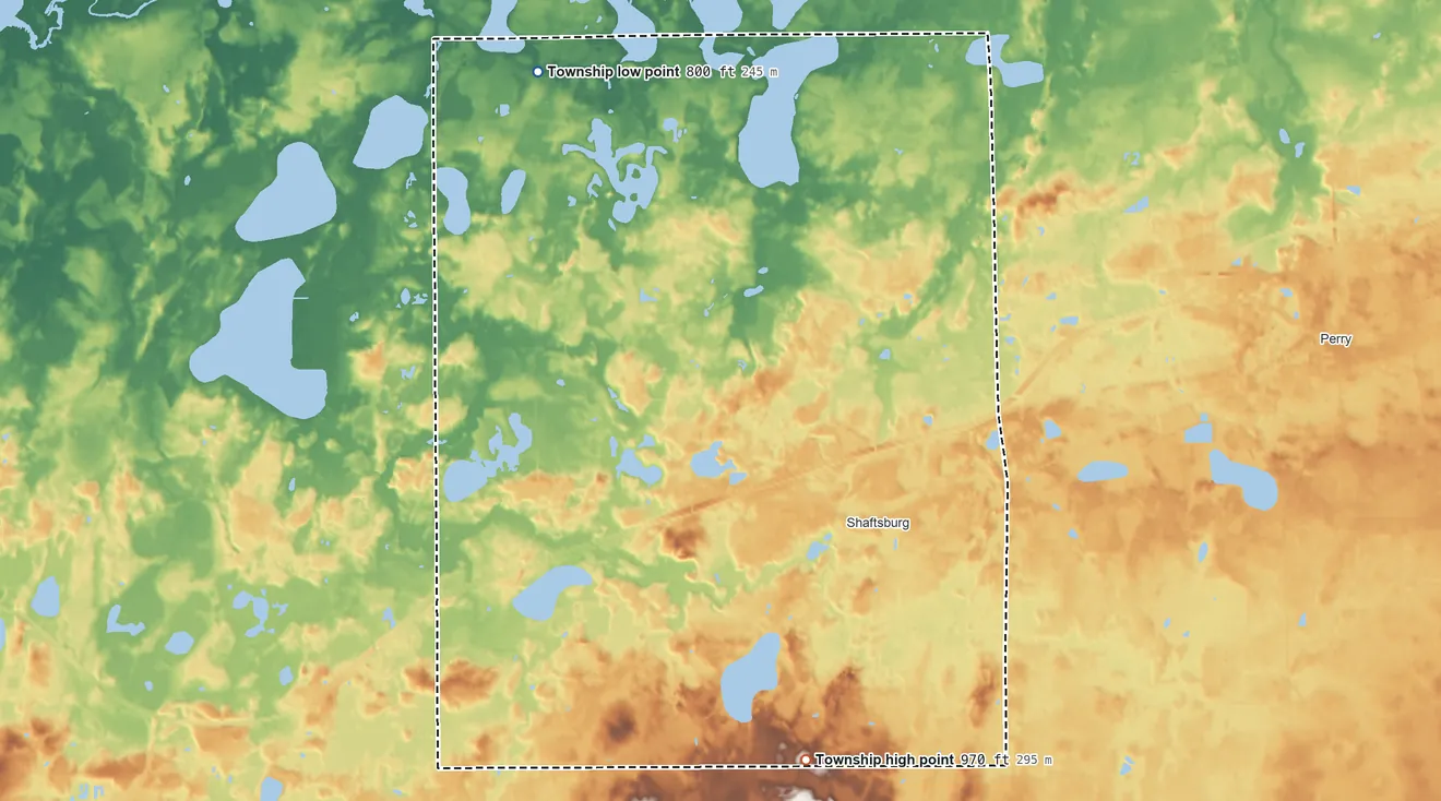Topographic elevation map of Woodhull Township, Michigan, shaded from 800 ft on the northwest side to 970 ft on the south side