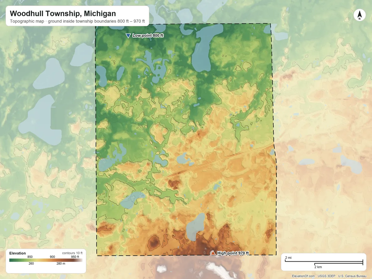 Topographic elevation map of Woodhull Township, Michigan, shaded from 800 ft on the northwest side to 970 ft on the south side