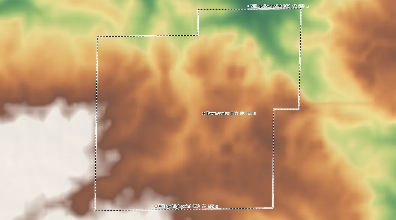 Topographic elevation map of Woodland, Michigan, shaded from 840 ft on the northeast side to 890 ft on the southwest side