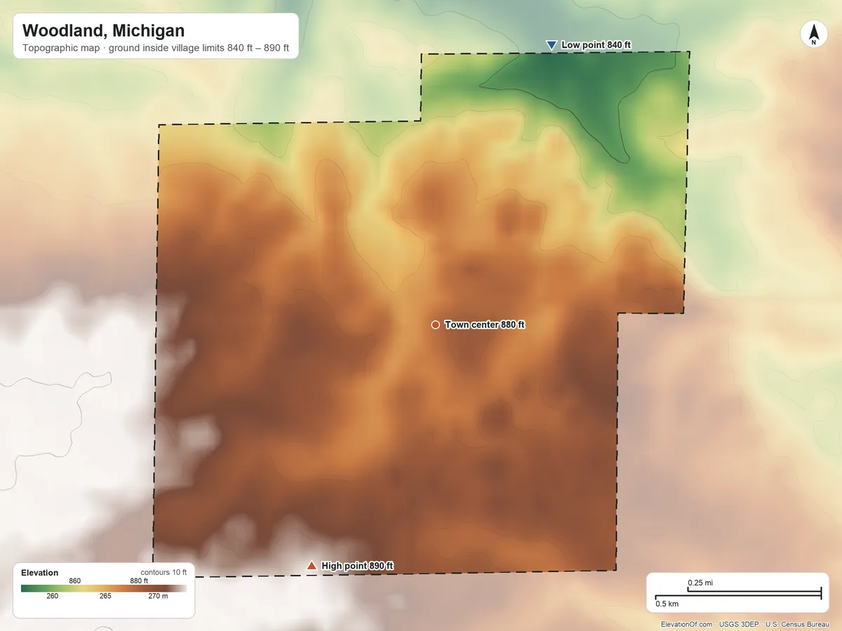 Topographic elevation map of Woodland, Michigan, shaded from 840 ft on the northeast side to 890 ft on the southwest side