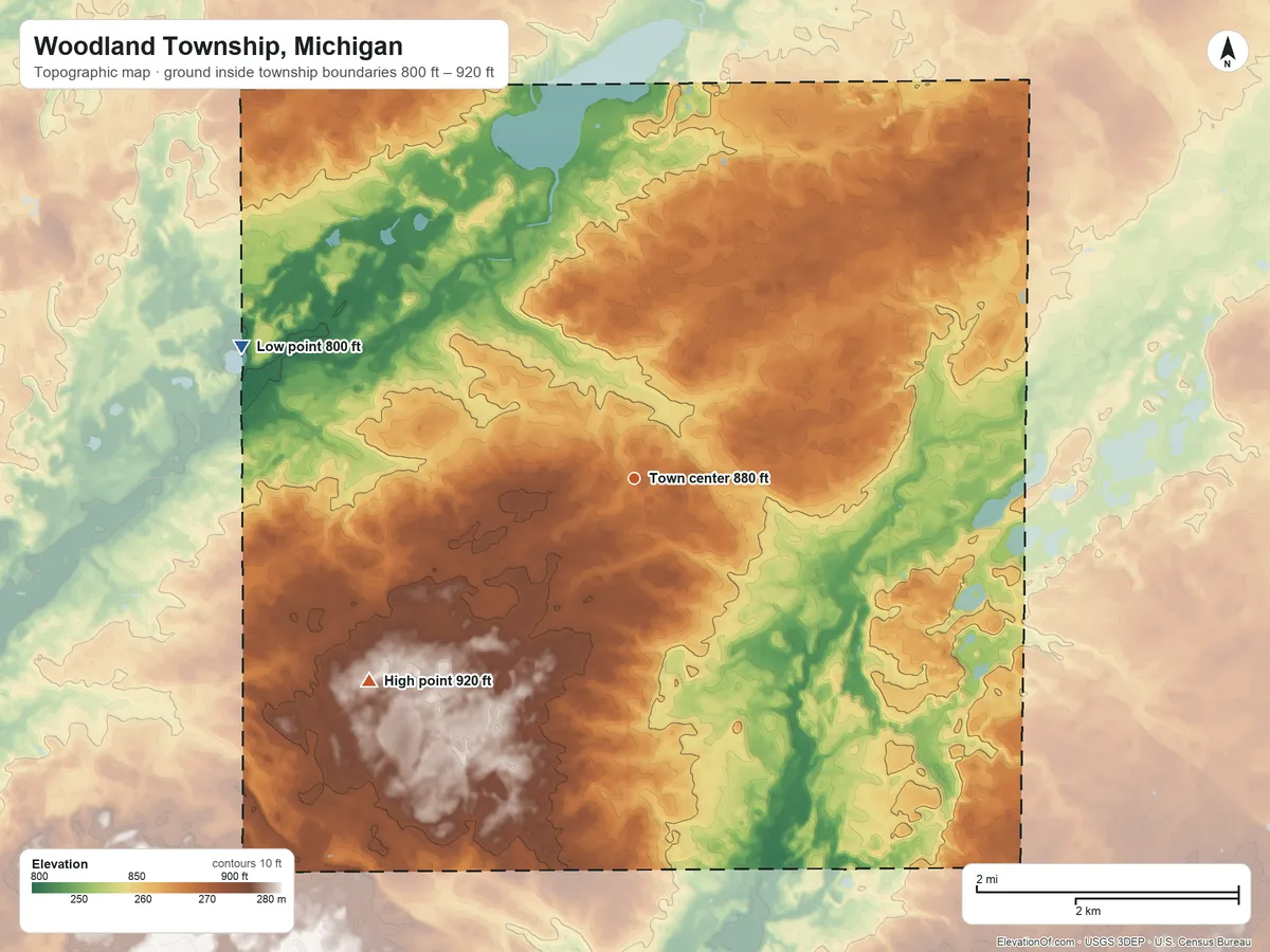Topographic elevation map of Woodland Township, Michigan, shaded from 800 ft on the west side to 920 ft on the southwest side