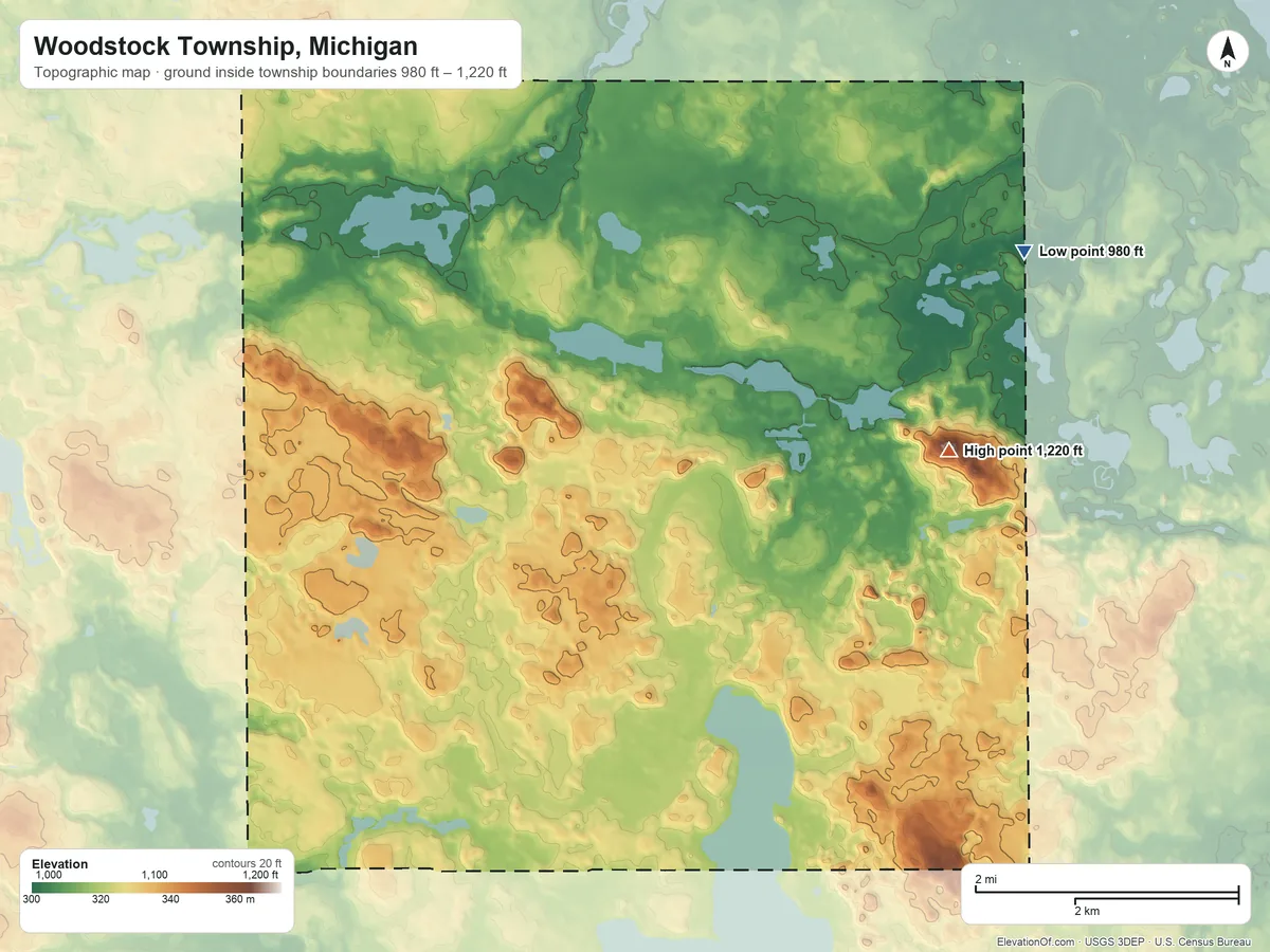 Topographic elevation map of Woodstock Township, Michigan, shaded from 980 ft on the northeast side to 1,220 ft on Prospect Hill