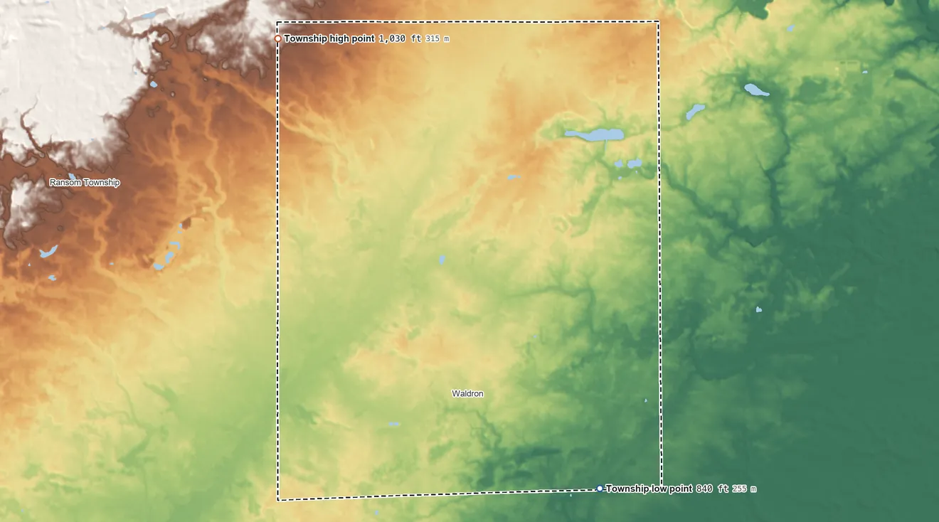 Topographic elevation map of Wright Township, Hillsdale County, Michigan, shaded from 840 ft on the southeast side to 1,030 ft on the northwest side