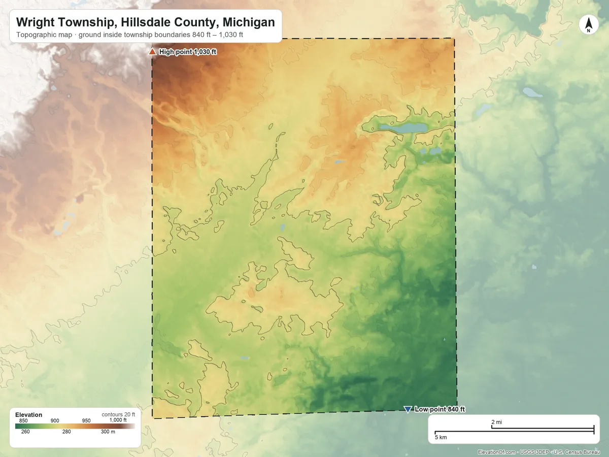 Topographic elevation map of Wright Township, Hillsdale County, Michigan, shaded from 840 ft on the southeast side to 1,030 ft on the northwest side