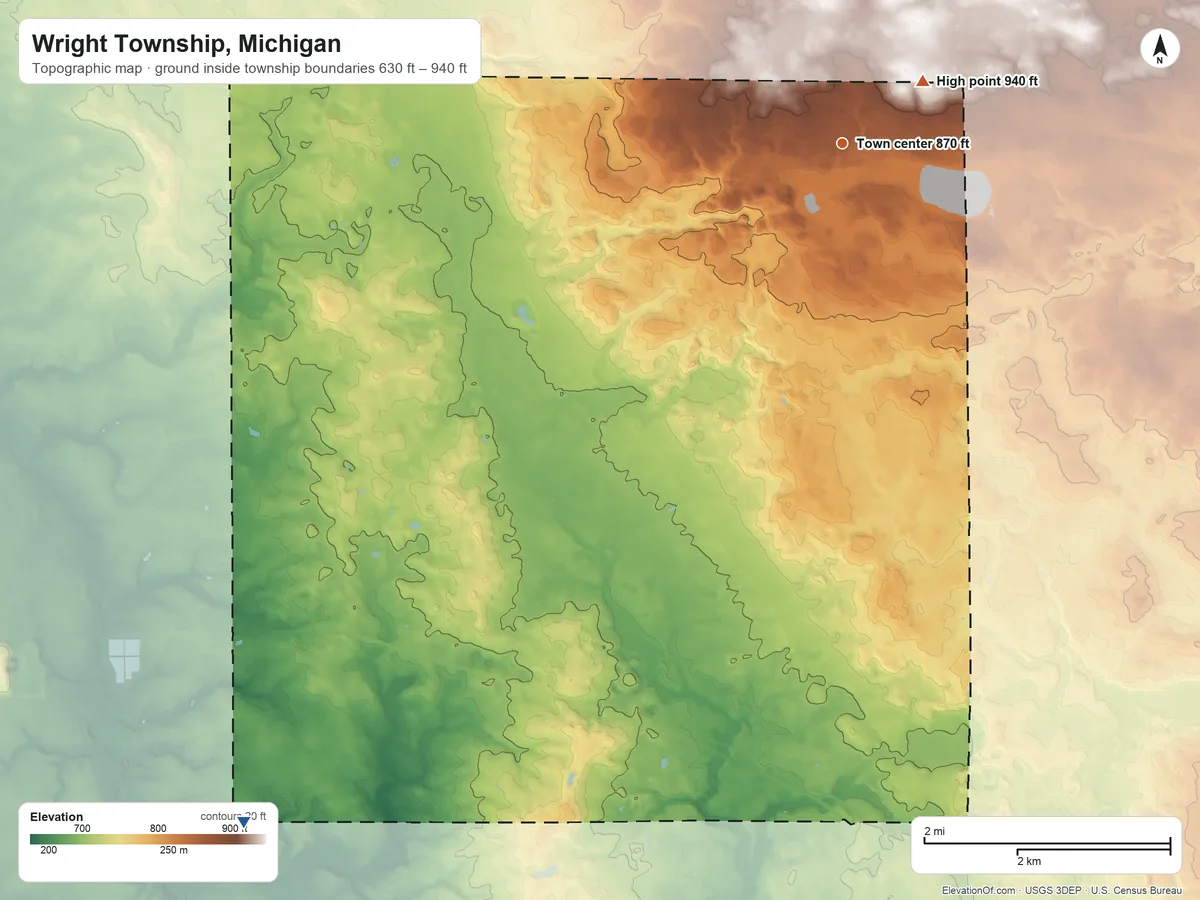 Topographic elevation map of Wright Township, Michigan, shaded from 630 ft on the southwest side to 940 ft near the middle