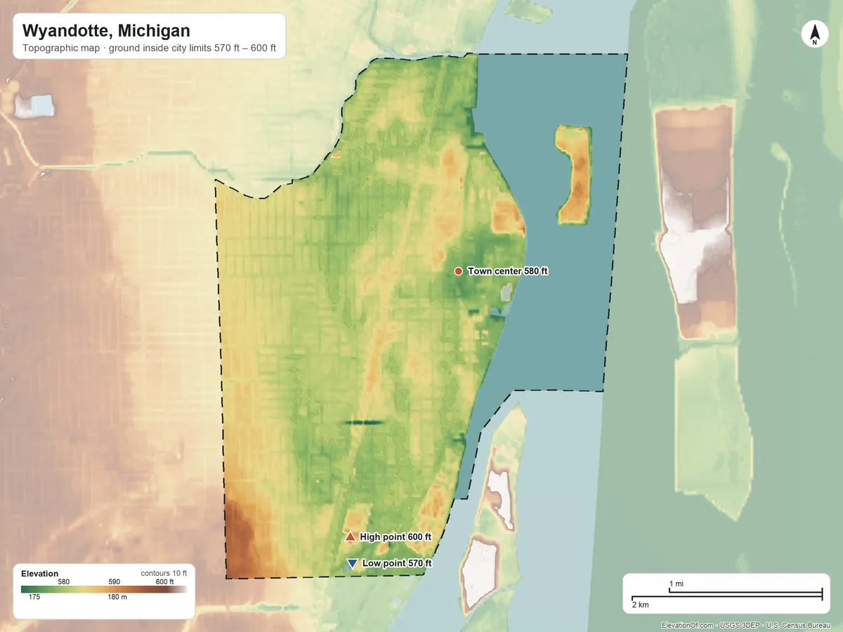 Topographic elevation map of Wyandotte, Michigan, shaded from 570 ft on the south side to 600 ft on the south side