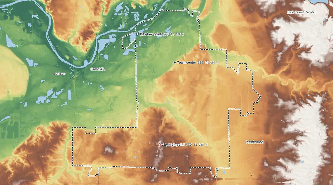 Topographic elevation map of Wyoming, Michigan, shaded from 590 ft on the northwest side to 770 ft on the south side