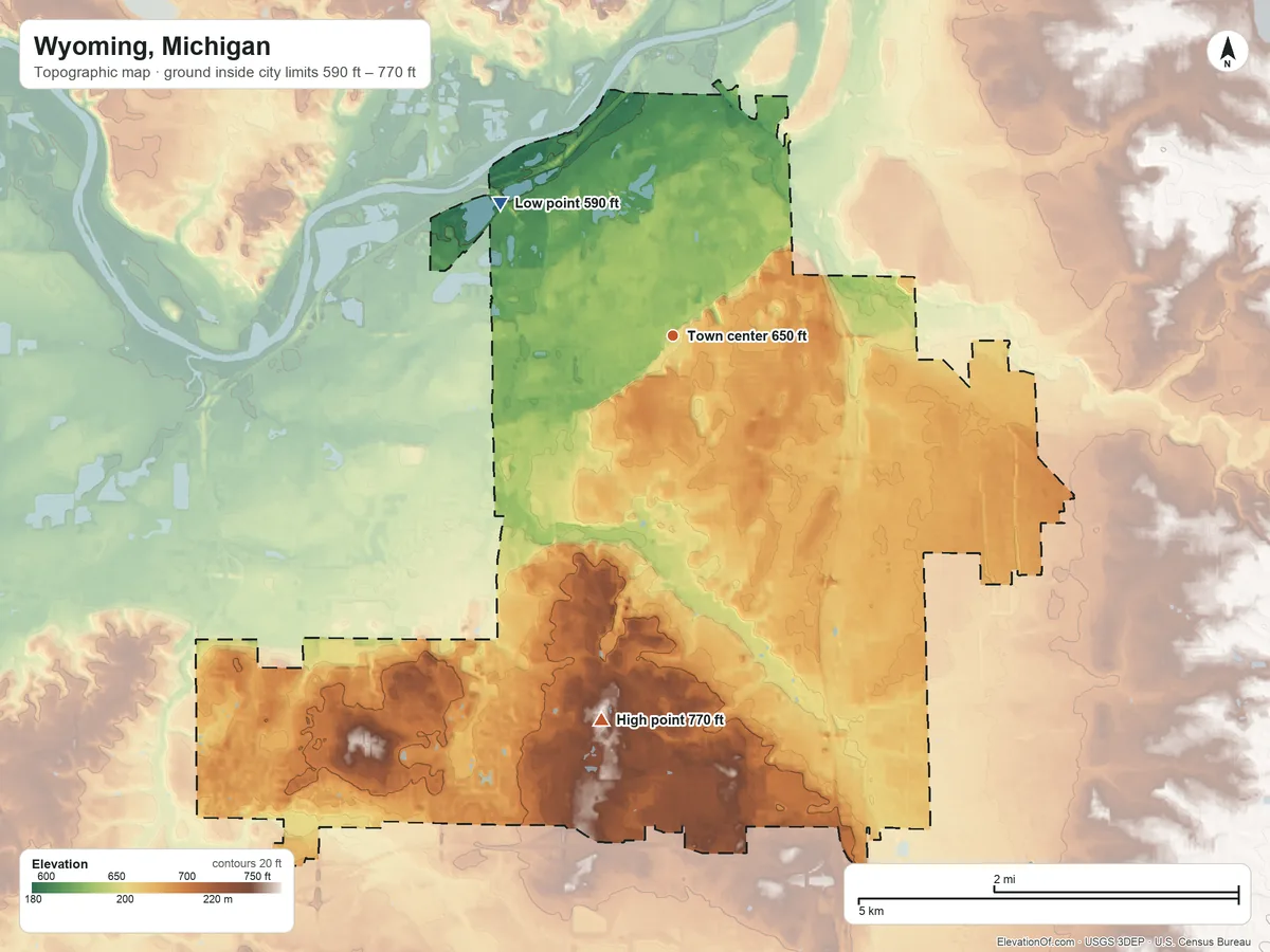 Topographic elevation map of Wyoming, Michigan, shaded from 590 ft on the northwest side to 770 ft on the south side