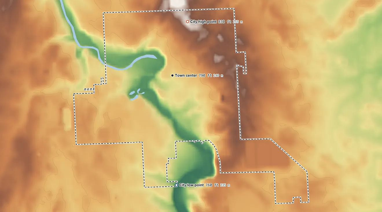 Topographic elevation map of Yale, Michigan, shaded from 760 ft on the south side to 830 ft on the north side