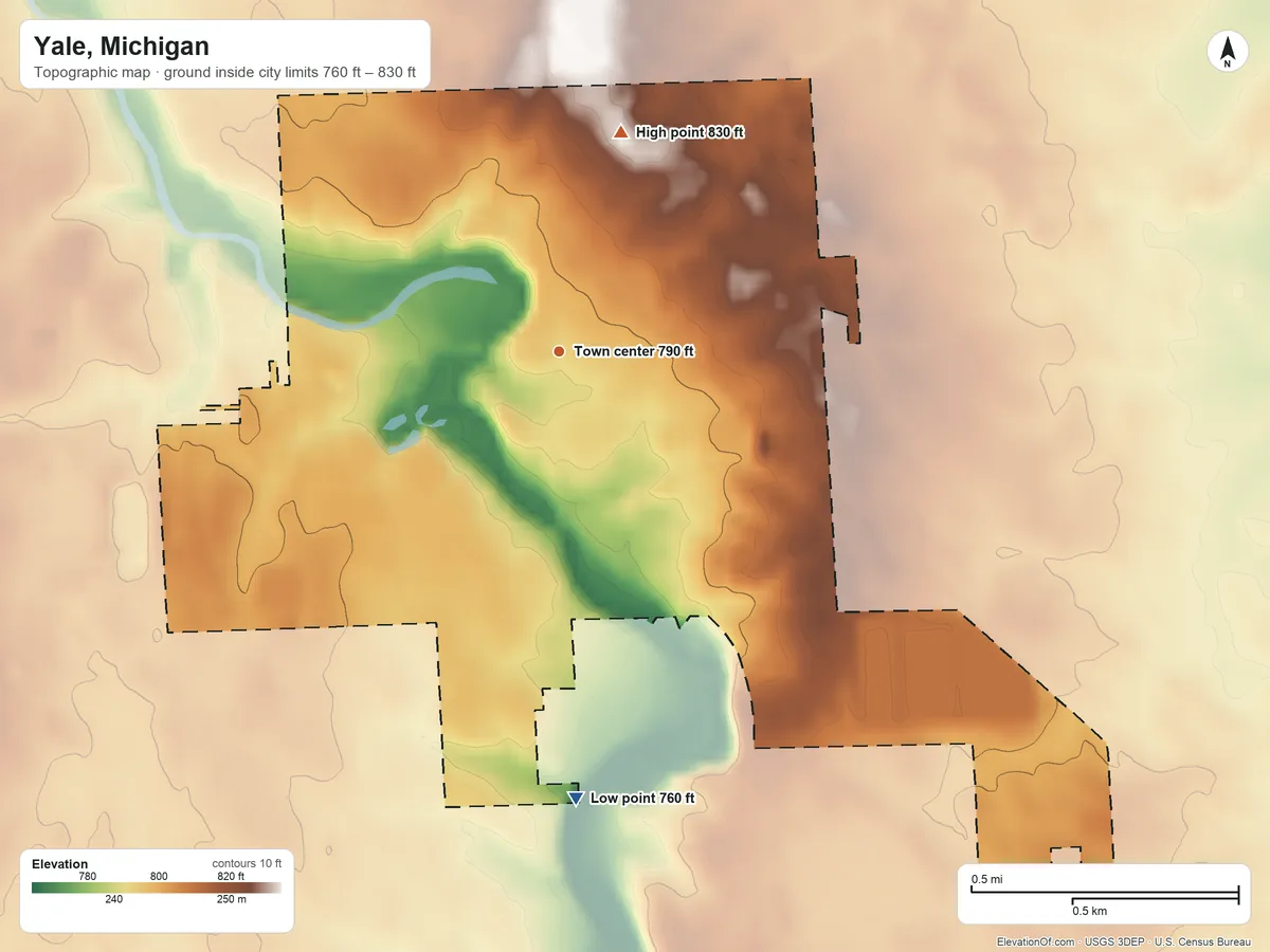 Topographic elevation map of Yale, Michigan, shaded from 760 ft on the south side to 830 ft on the north side