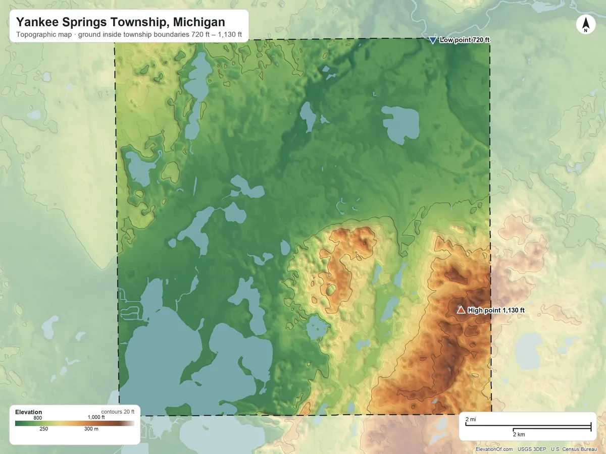 Topographic elevation map of Yankee Springs Township, Michigan, shaded from 720 ft on the northeast side to 1,130 ft on the southeast side