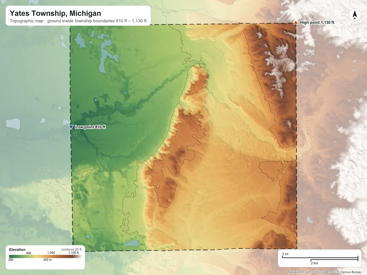 Topographic elevation map of Yates Township, Michigan, shaded from 810 ft on the southwest side to 1,130 ft on the east side