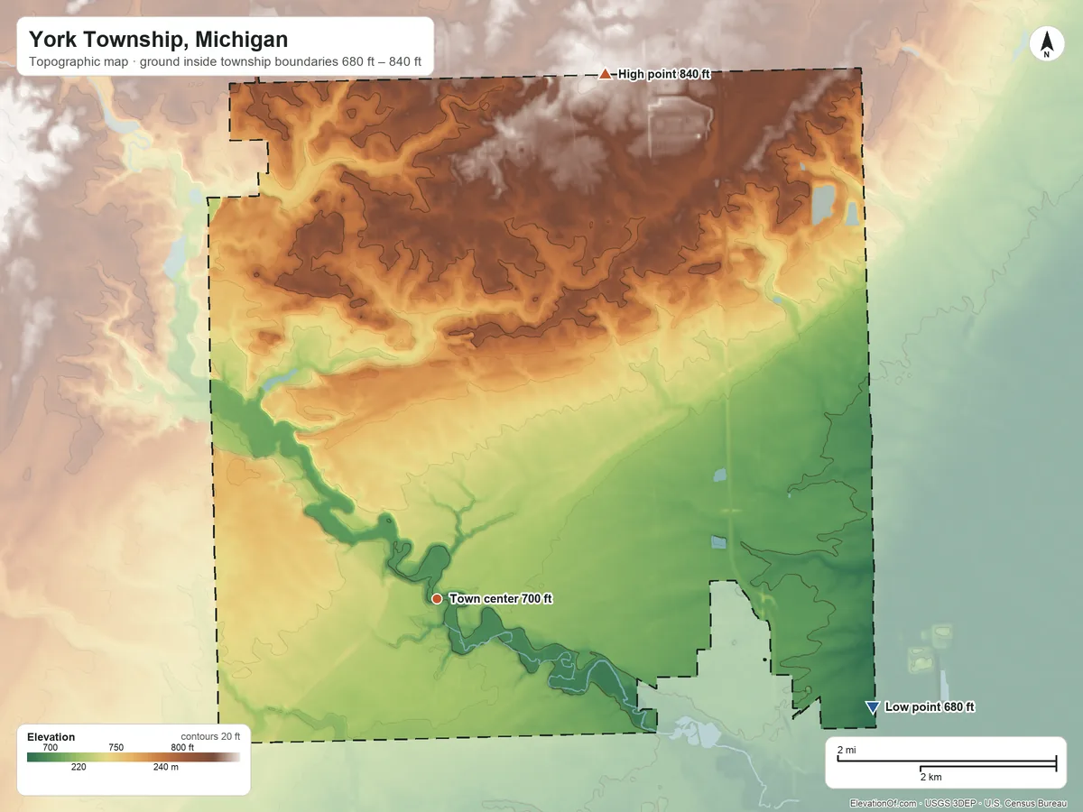 Topographic elevation map of York Township, Michigan, shaded from 680 ft on the east side to 840 ft on the north side