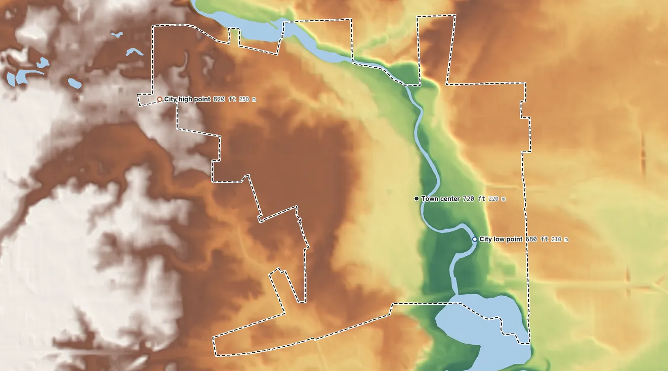 Topographic elevation map of Ypsilanti, Michigan, shaded from 680 ft on the southeast side to 820 ft on the west side