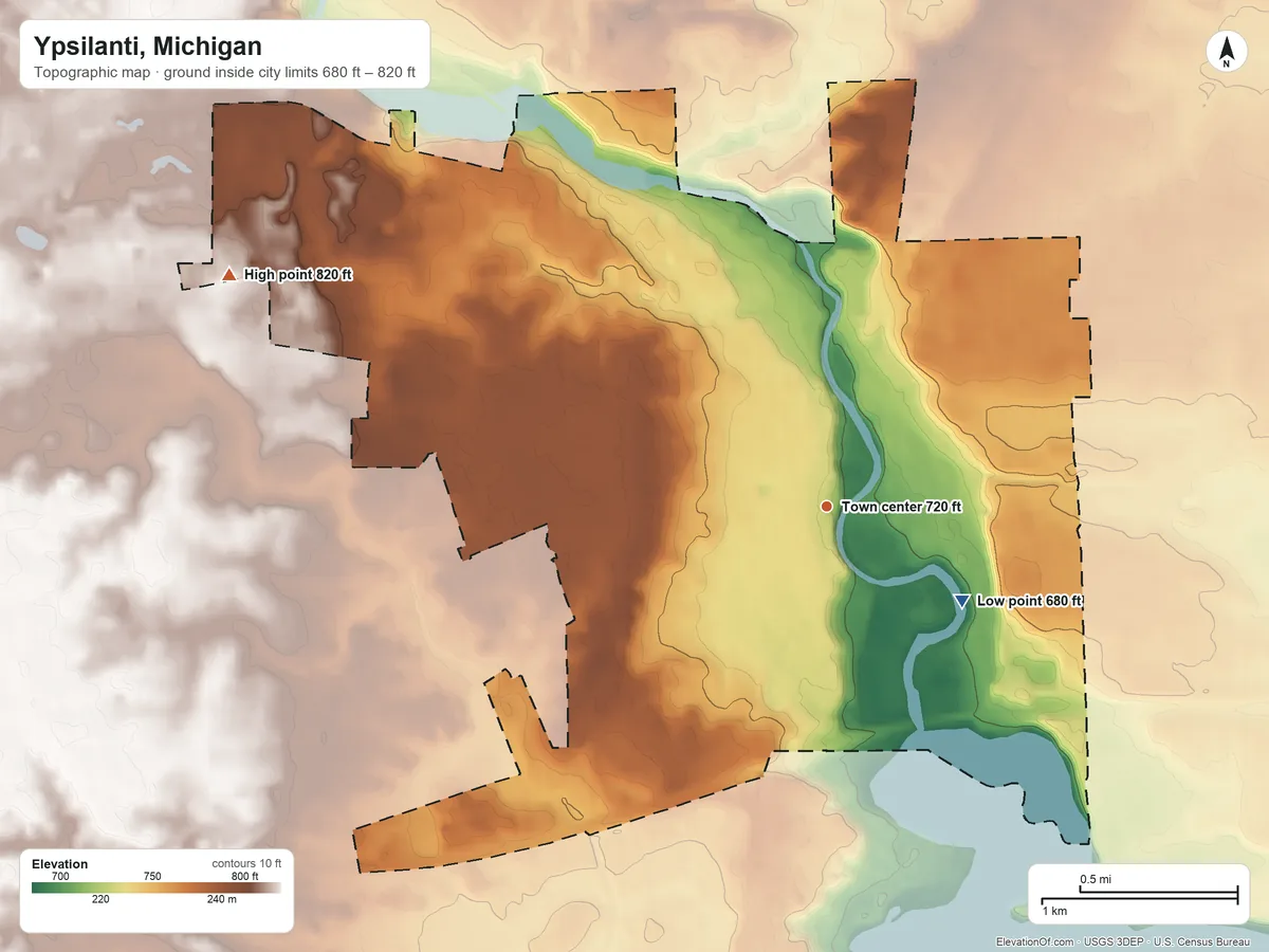 Topographic elevation map of Ypsilanti, Michigan, shaded from 680 ft on the southeast side to 820 ft on the west side