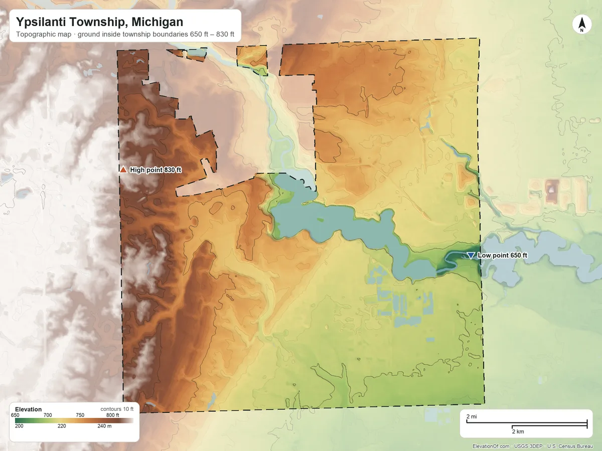 Topographic elevation map of Ypsilanti Township, Michigan, shaded from 650 ft on the east side to 830 ft on the west side