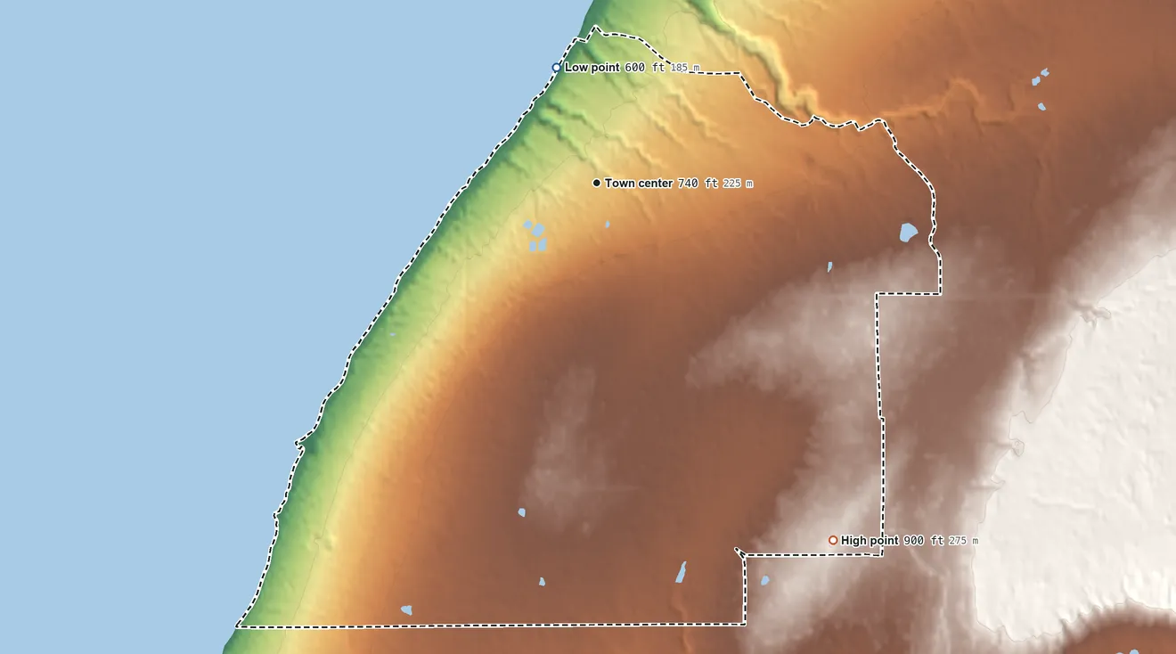 Topographic elevation map of Zeba, Michigan, shaded from 600 ft on the north side to 900 ft on the southeast side