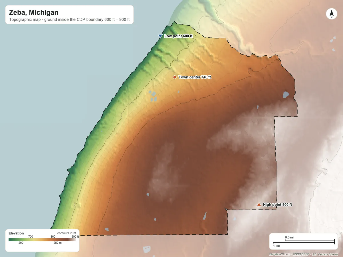 Topographic elevation map of Zeba, Michigan, shaded from 600 ft on the north side to 900 ft on the southeast side
