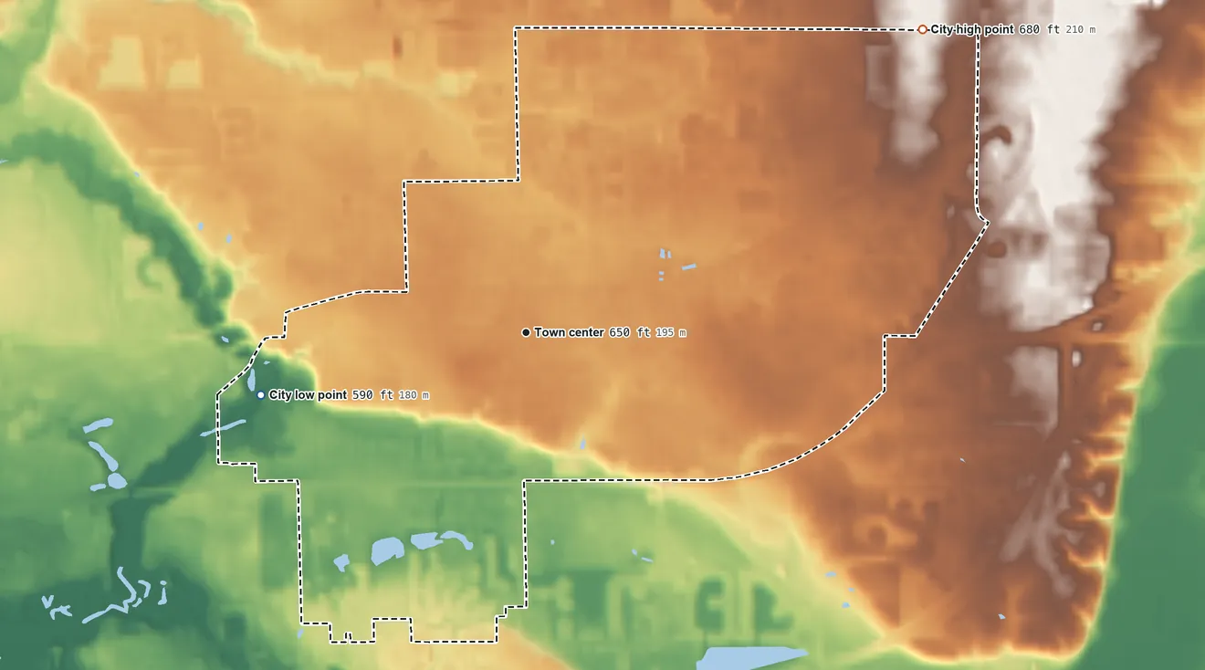 Topographic elevation map of Zeeland, Michigan, shaded from 590 ft on the west side to 680 ft on the northeast side