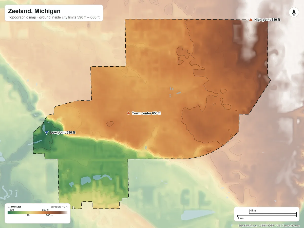 Topographic elevation map of Zeeland, Michigan, shaded from 590 ft on the west side to 680 ft on the northeast side