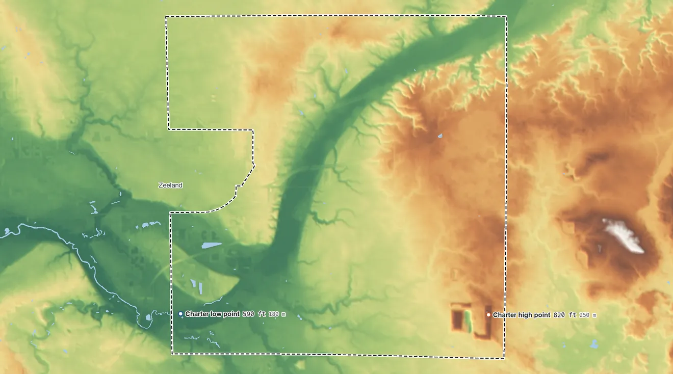 Topographic elevation map of Zeeland Township, Michigan, shaded from 590 ft on the southwest side to 820 ft on the southeast side