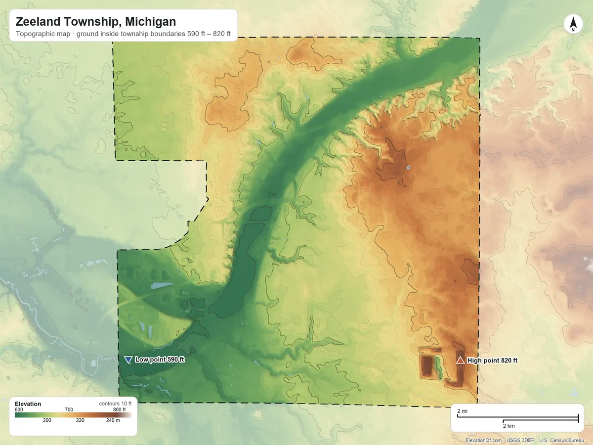 Topographic elevation map of Zeeland Township, Michigan, shaded from 590 ft on the southwest side to 820 ft on the southeast side