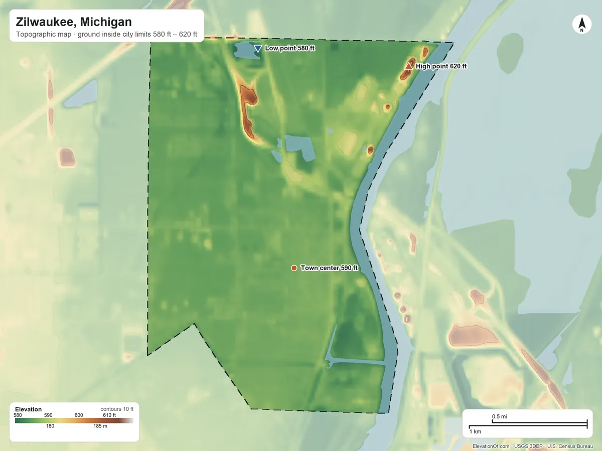 Topographic elevation map of Zilwaukee, Michigan, shaded from 580 ft on the north side to 620 ft on the northeast side