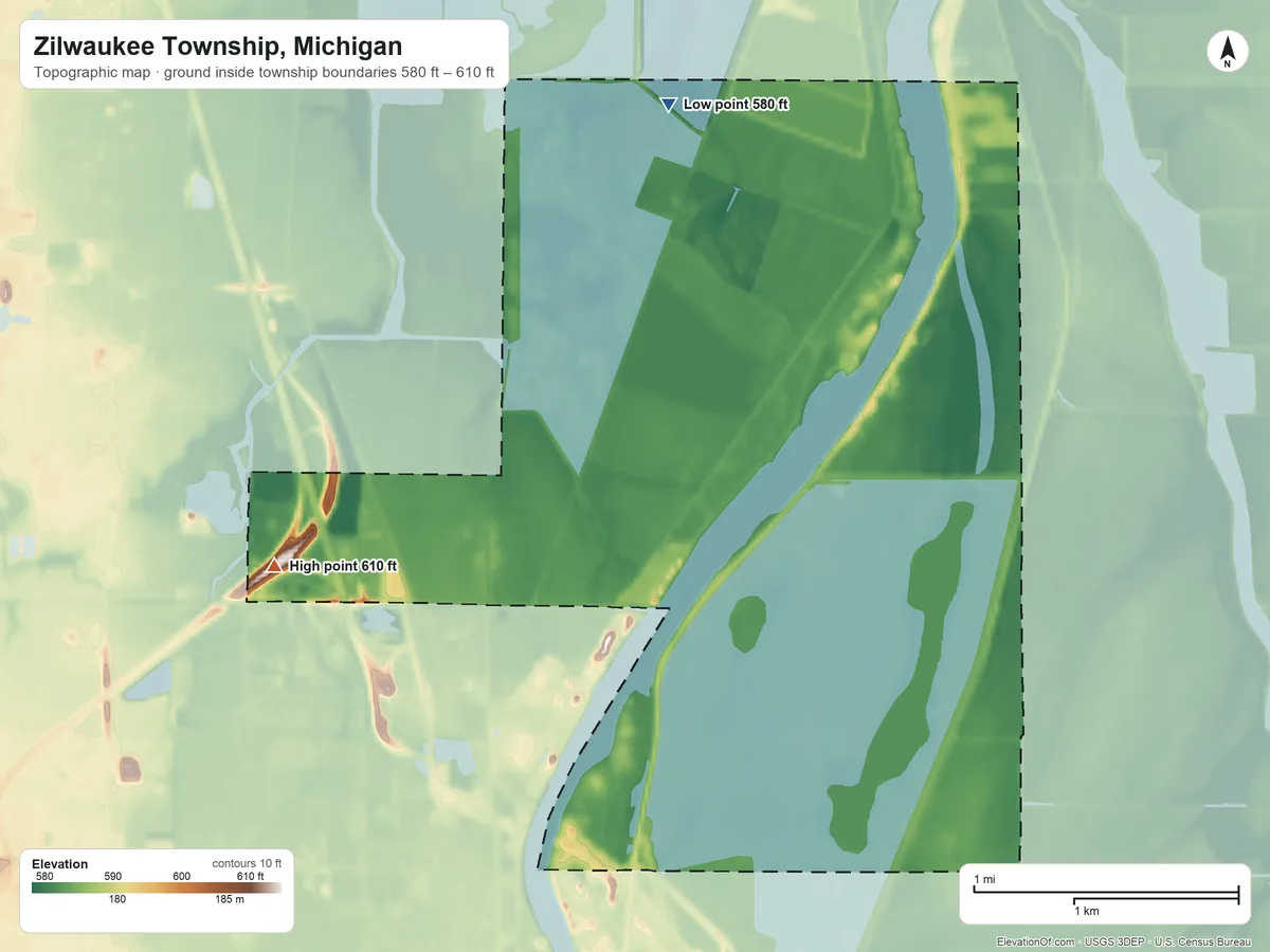 Topographic elevation map of Zilwaukee Township, Michigan, shaded from 580 ft on the northwest side to 610 ft on the southwest side