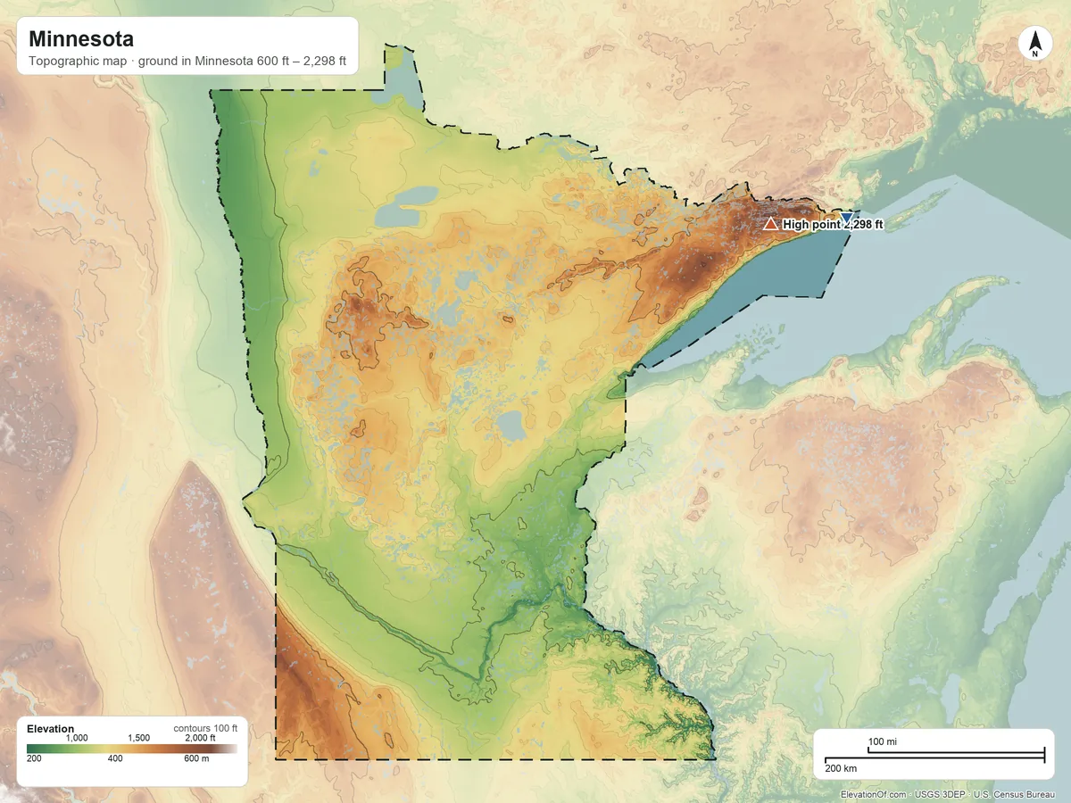 Topographic elevation map of Minnesota, shaded from 600 ft on the northeast side to 2,298 ft on Eagle Mountain