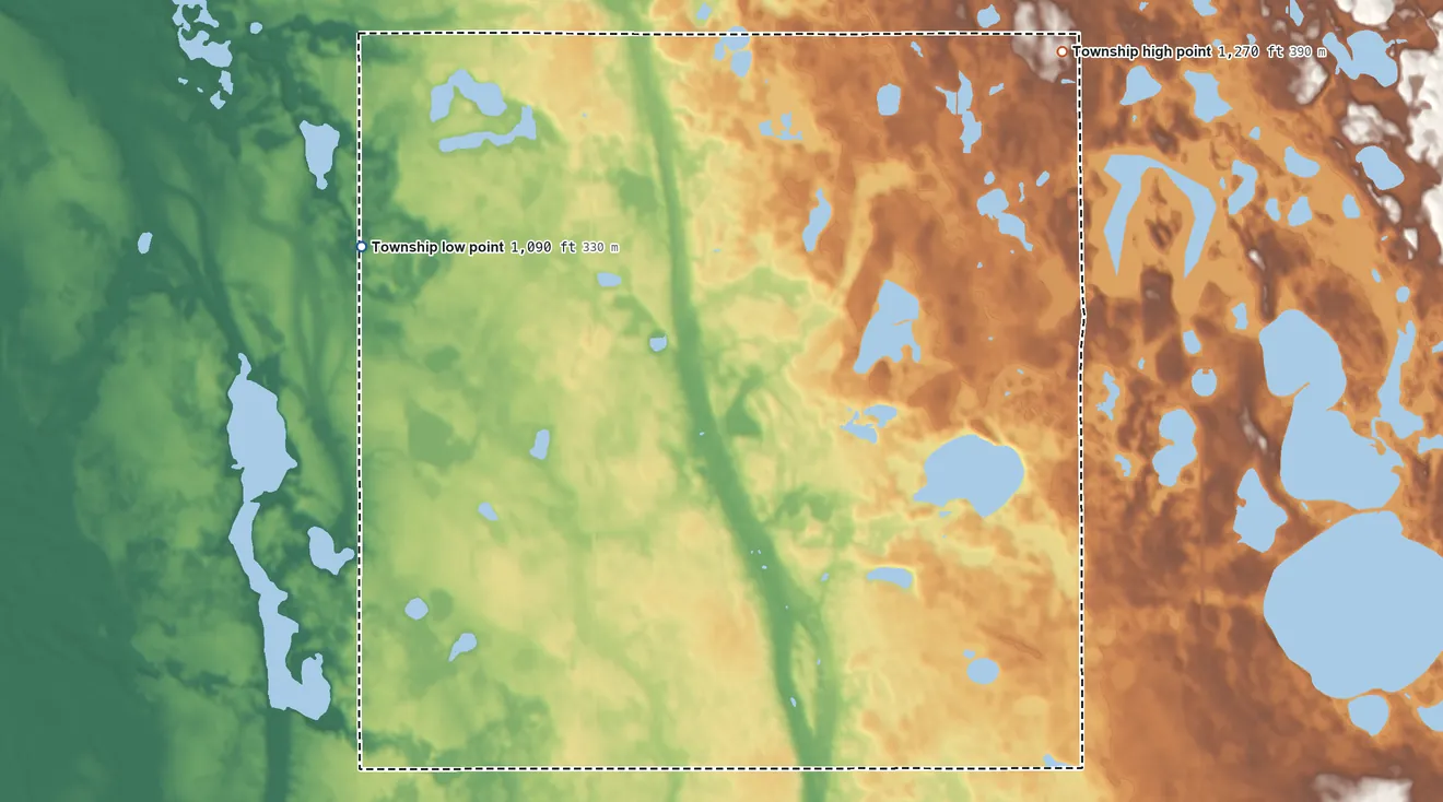 Topographic elevation map of Aastad Township, Minnesota, shaded from 1,090 ft on the west side to 1,270 ft on the northeast side