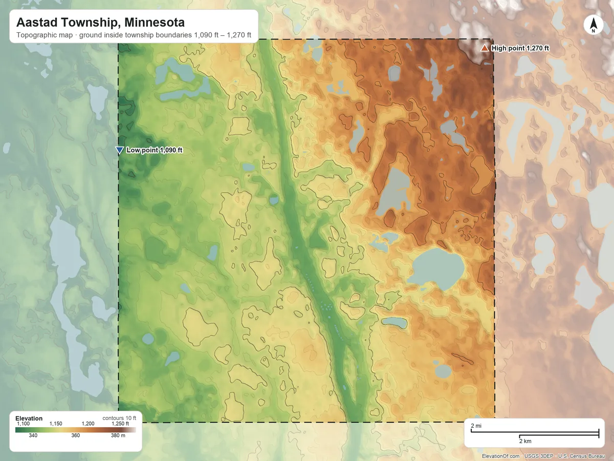 Topographic elevation map of Aastad Township, Minnesota, shaded from 1,090 ft on the west side to 1,270 ft on the northeast side