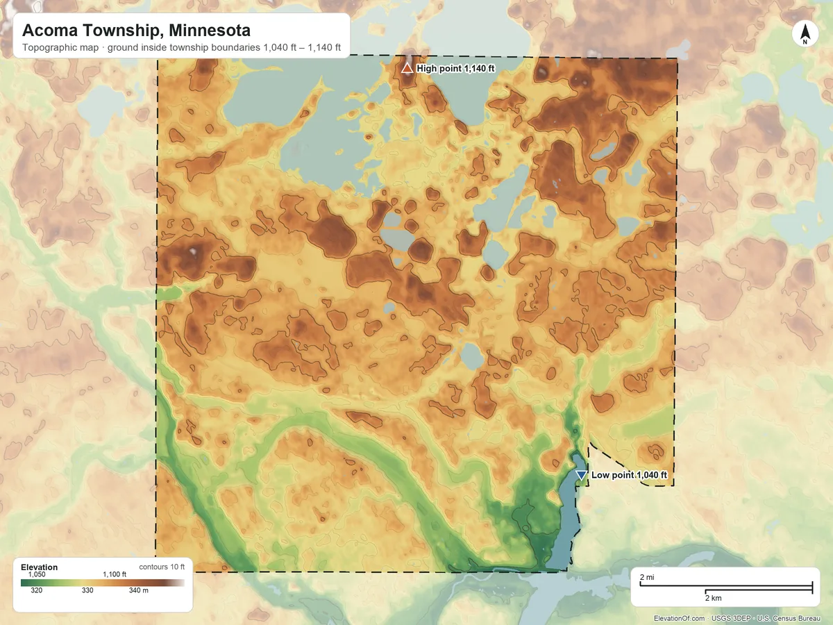 Topographic elevation map of Acoma Township, Minnesota, shaded from 1,040 ft on the south side to 1,140 ft on the northwest side