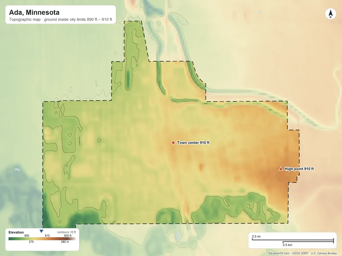 Topographic elevation map of Ada, Minnesota, shaded from 890 ft on the southwest side to 910 ft on the east side