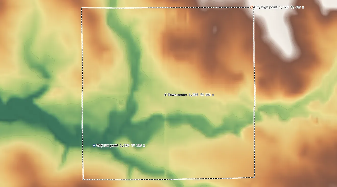 Topographic elevation map of Adams, Minnesota, shaded from 1,270 ft on the southwest side to 1,320 ft on the northeast side
