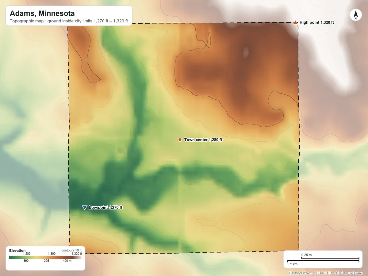 Topographic elevation map of Adams, Minnesota, shaded from 1,270 ft on the southwest side to 1,320 ft on the northeast side