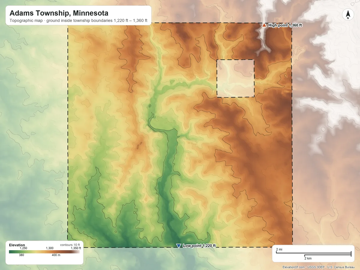 Topographic elevation map of Adams Township, Minnesota, shaded from 1,220 ft on the south side to 1,360 ft on the northeast side