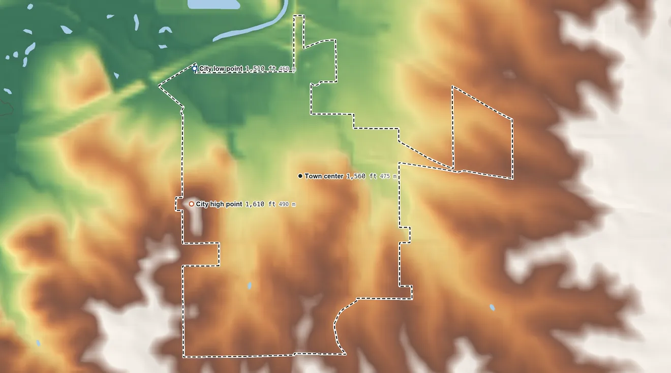 Topographic elevation map of Adrian, Minnesota, shaded from 1,510 ft on the northwest side to 1,610 ft on the west side