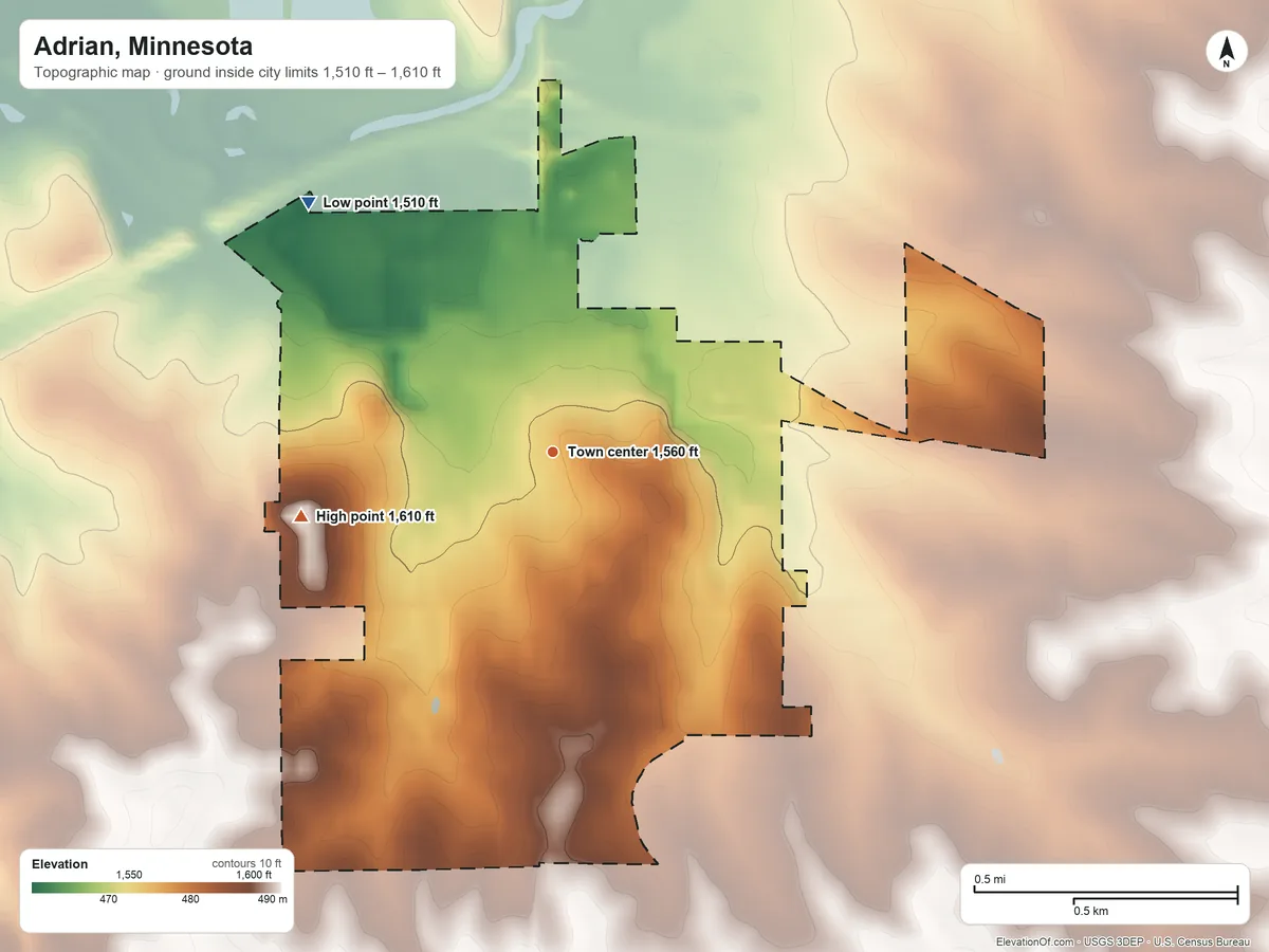 Topographic elevation map of Adrian, Minnesota, shaded from 1,510 ft on the northwest side to 1,610 ft on the west side